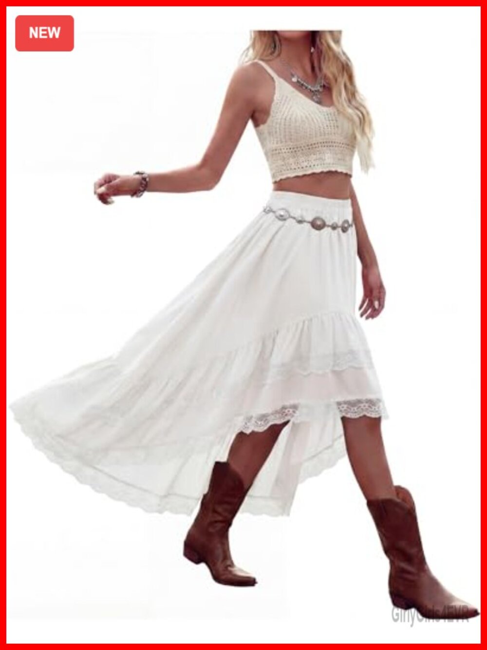 Women's High Low Lace Ruffle Boho Maxi Skirt Elastic Waist Asymmetrical